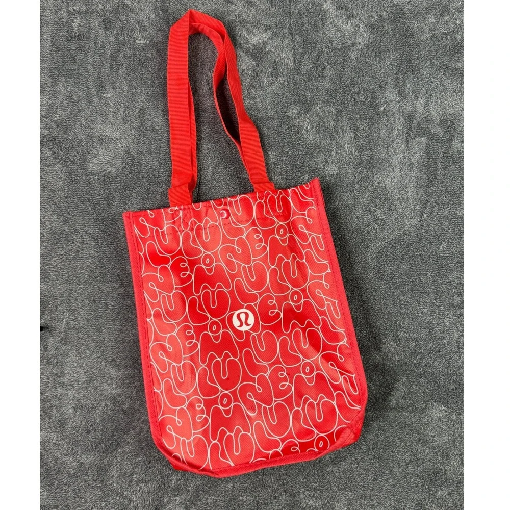 Lululemon Reusable Small Tote Bag Red White Logo Print Snap Closure Shopper